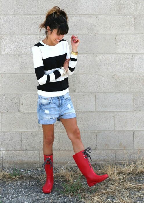 Chica usando un outfit de lluvia con botas, paraguas y chaqueta