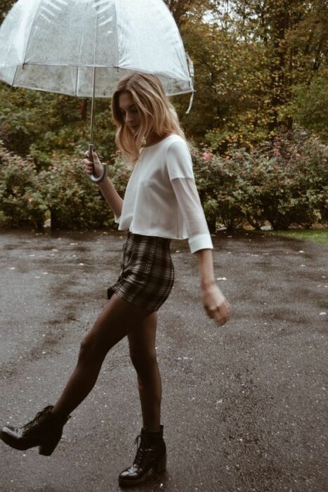 Chica usando un outfit de lluvia con botas, paraguas y chaqueta