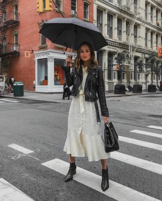 Chica usando un outfit de lluvia con botas, paraguas y chaqueta