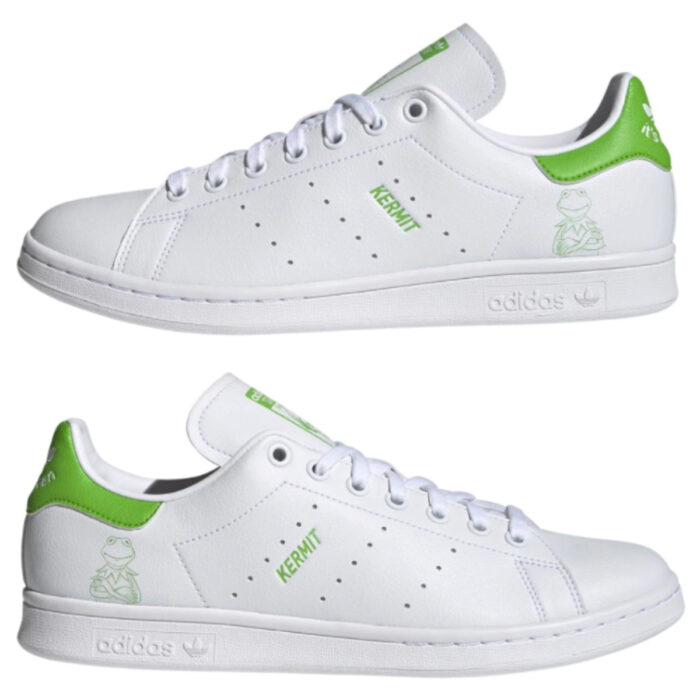 Linea de ropa y calzado de Adidas, Stan Smith Disney; tenis blancos con verde con estampado de la Rana René