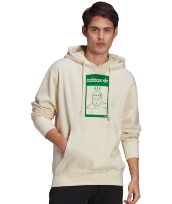 Linea de ropa y calzado de Adidas, Stan Smith Disney; sudadera o hoodie de cuello redondo, con gorro, color hueso y estampado verde de el increíble Hulk de Marvel