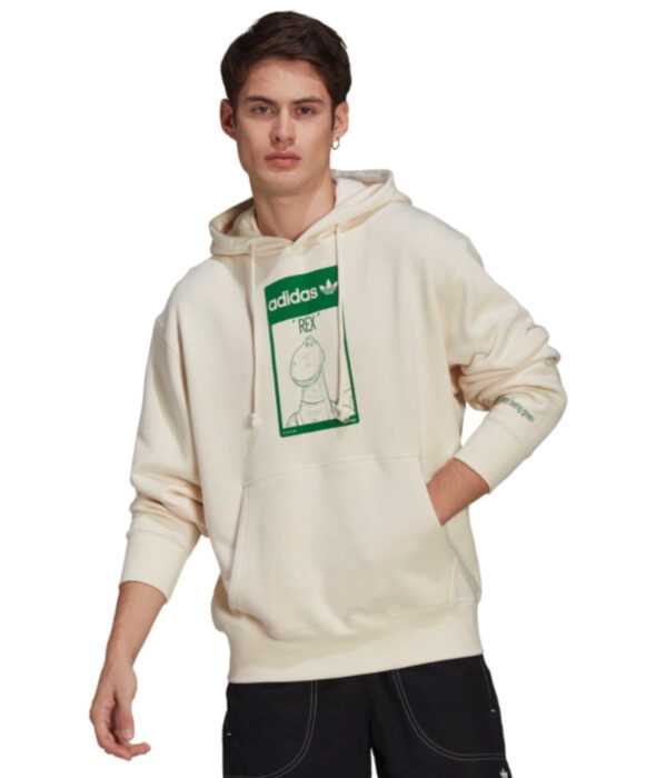 Linea de ropa y calzado de Adidas, Stan Smith Disney; sudadera o hoodie de cuello redondo, con gorro, color hueso y estampado verde de Rex de Toy Story