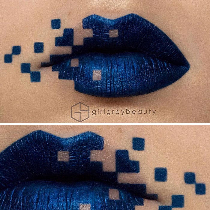 labios azules con cuadros, Creación de Andrea Reed; Artista crea hermosas obras de arte sobre sus labios 