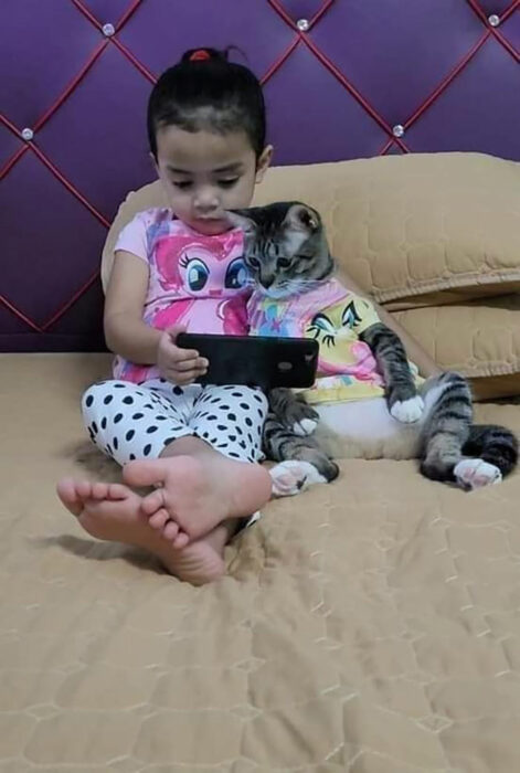 Niña y su gato viendo videos en el móvil ;18 Animalitos que te alegrarán la vida con su existencia