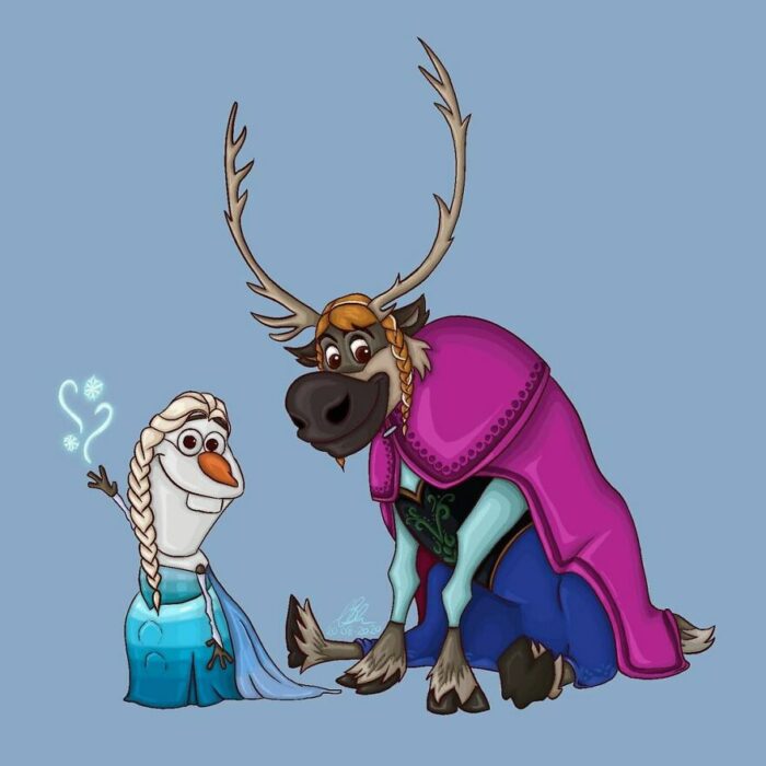 Olaf y Sven ;Artista convierte a mascotas Disney en protagonistas de cuentos de hadas 