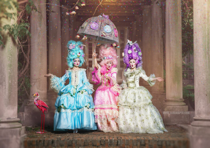 Girls in a photo shoot dressed as Marie Antoinette 