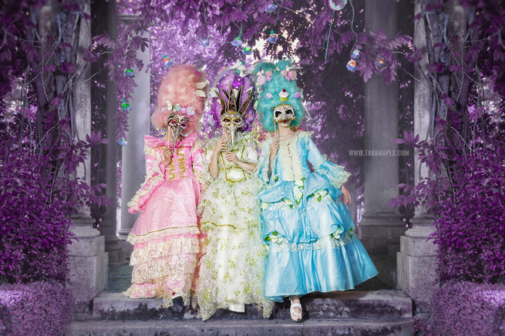 Girls in a photo shoot dressed as Marie Antoinette 