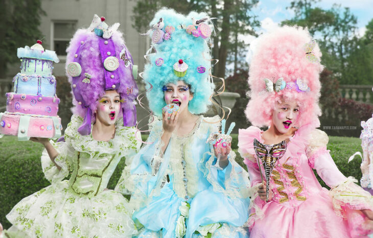 Girls in a photo shoot dressed as Marie Antoinette 