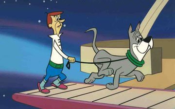 Jetsons scene walking their dog 