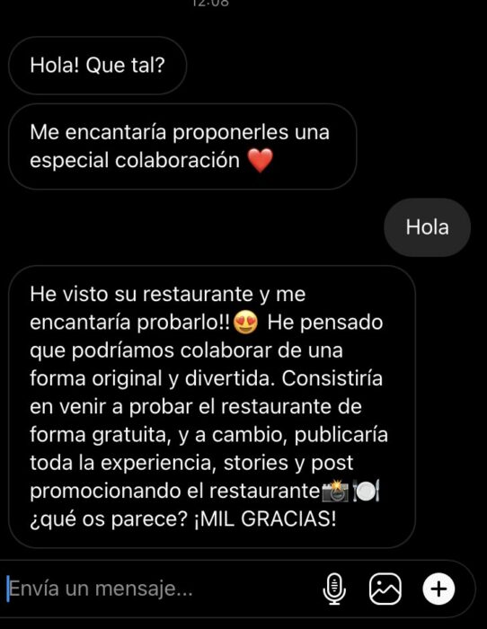 Captura de pantalla solicitud de comida; Influencer pide comer gratis en un restaurante y la respuesta que recibió es increíble