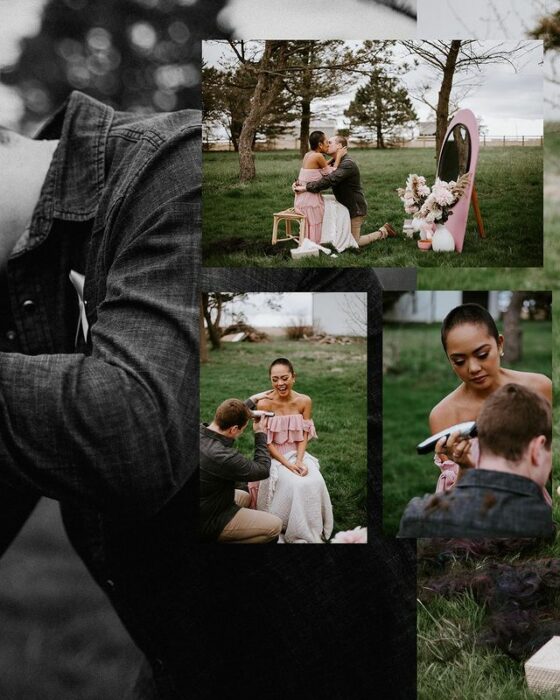 pareja afeitando sus cabezas durante una sesión de fotos 