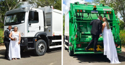 Recién casados se toman fotos en un camión de basura; él es recolector