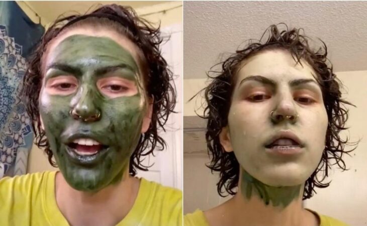 Chica con mascarilla verde; Usa mascarilla de clorofila antes de ir a su entrevista de trabajo y le queda la cara verde