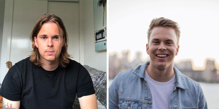 Boy in a denim jacket;  14 men before and after cutting their hair