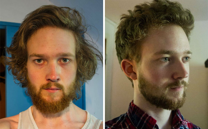 Misaligned boy;  14 men before and after cutting their hair