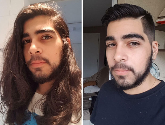 boy posing in profile;  14 men before and after cutting their hair