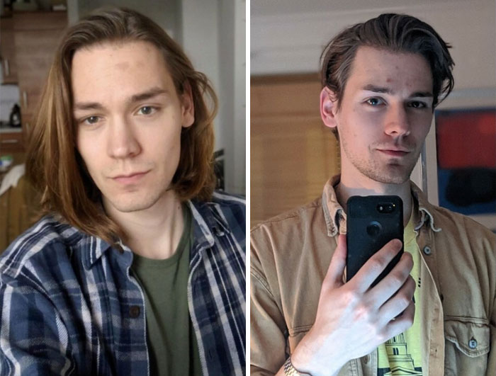 Boy taking a selfie;  14 men before and after cutting their hair