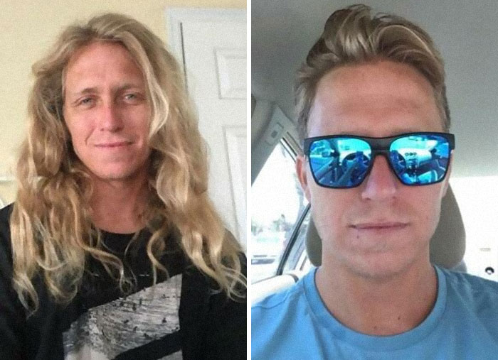 Blond haired boy;  14 men before and after cutting their hair