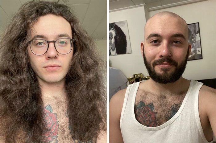 Girl with and without glasses;  14 men before and after cutting their hair