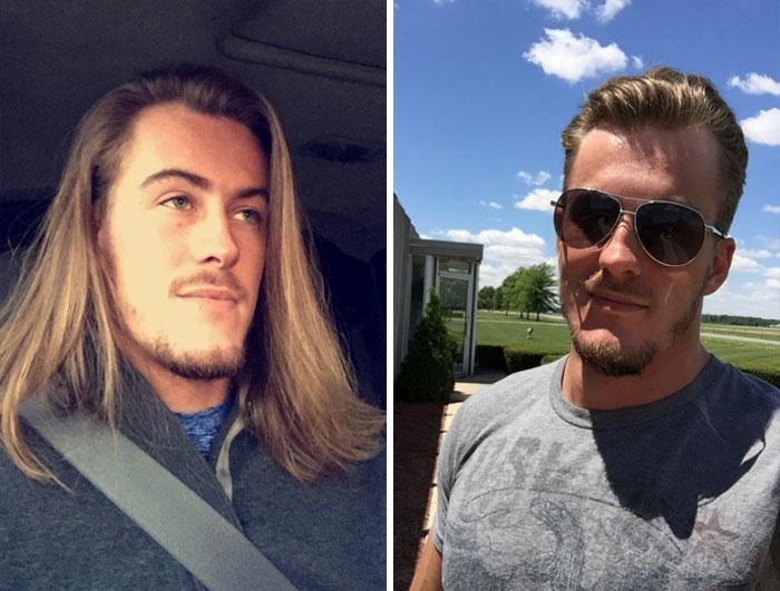 Boy in and out of a car;  14 men before and after cutting their hair