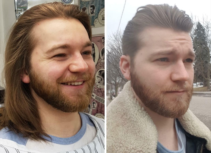 Boy before and after smiling;  14 men before and after cutting their hair