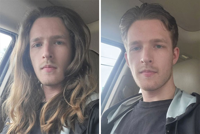 boy taking a picture inside a car;  14 men before and after cutting their hair