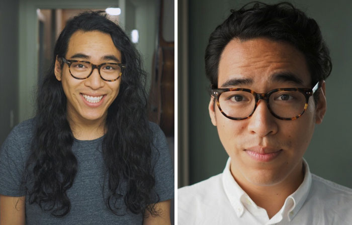 boy wearing glasses and smiling;  14 men before and after cutting their hair