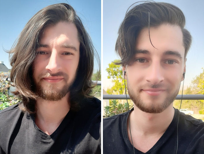 boy in a black shirt;  14 men before and after cutting their hair