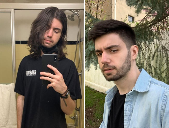 Boy holding a mobile phone;  14 men before and after cutting their hair