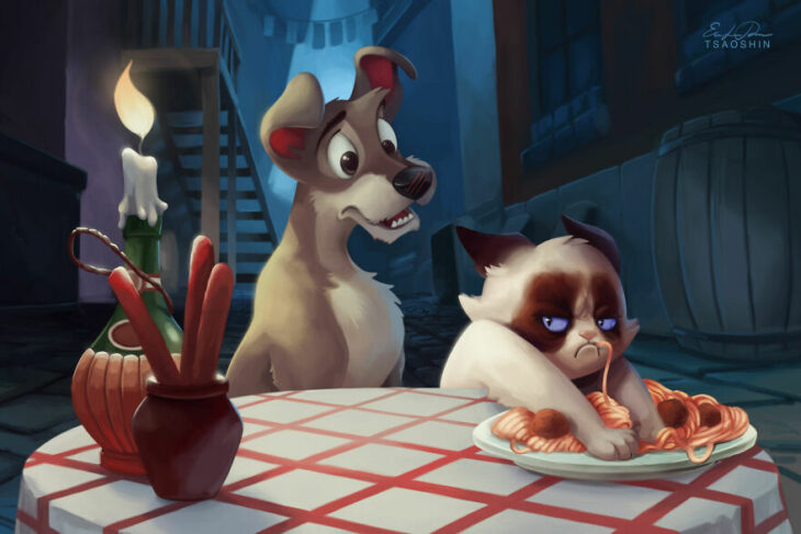 La dama y el vagabundo ;Artista inserta a Grumpy Cat en películas Disney y el resultado es una dosis de alegría 