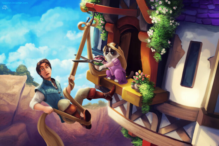 Rapunzel ;Artista inserta a Grumpy Cat en películas Disney y el resultado es una dosis de alegría 