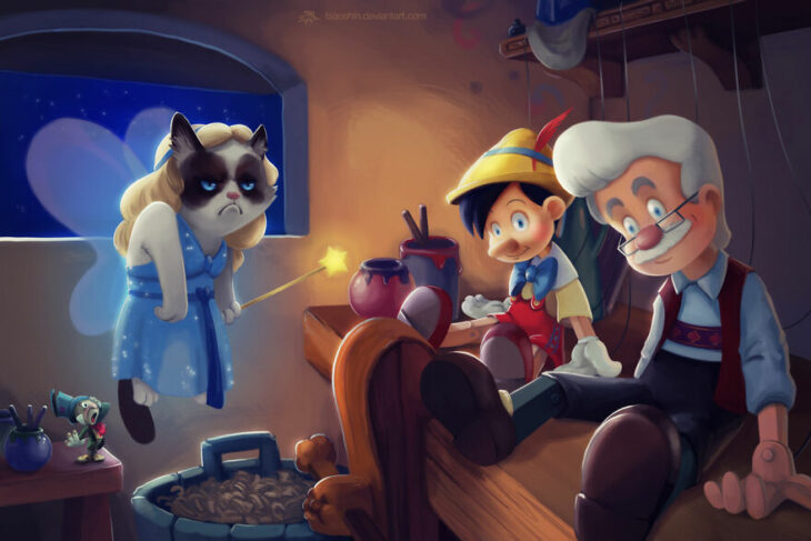 Pinocho ;Artista inserta a Grumpy Cat en películas Disney y el resultado es una dosis de alegría 