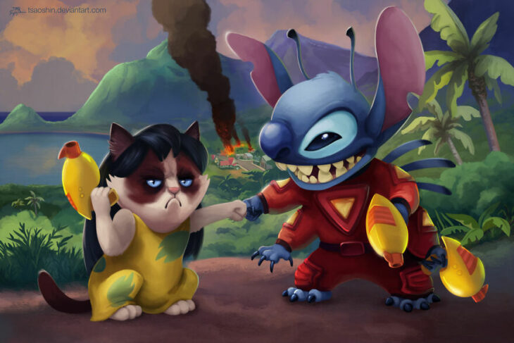 Lilo & Stitch ;Artista inserta a Grumpy Cat en películas Disney y el resultado es una dosis de alegría 