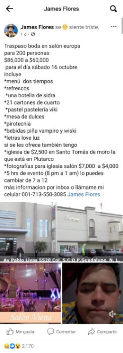 Publicación en Facebook para ofrecer un paquete de bodas 