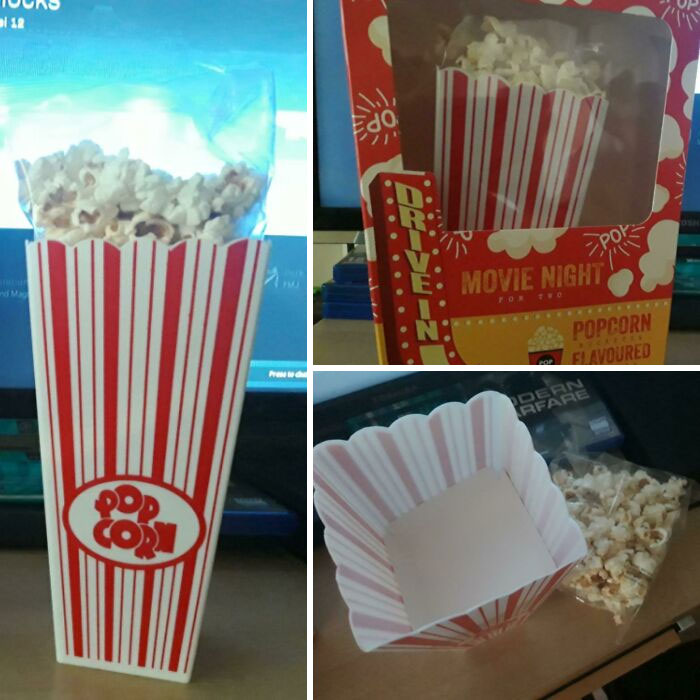 popcorn box; people who were scammed into buying fast food