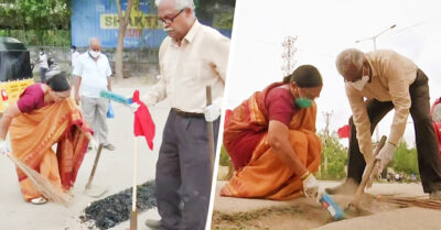 Pareja de viejitos usa sus ahorros de toda la vida para arreglar las calles de su ciudad