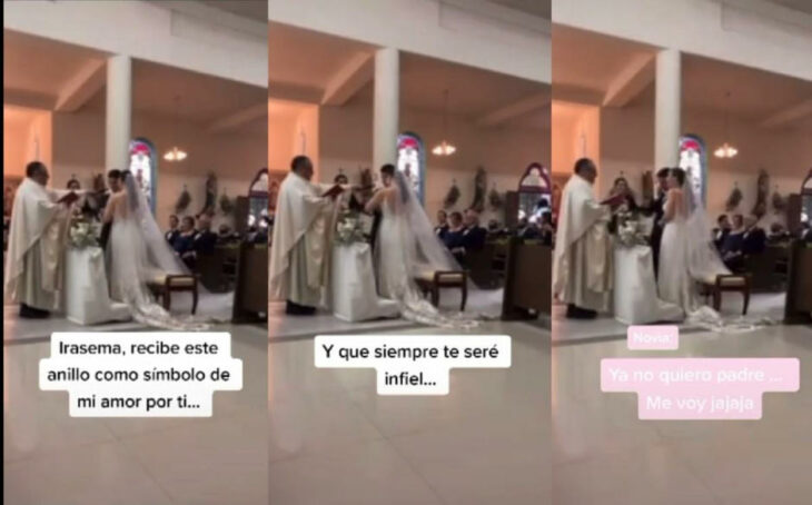 Pareja frente al altar pronunciando sus votos de amor; 'Siempre te seré infiel'; hombre se equivoca al decir sus votos y se hace viral