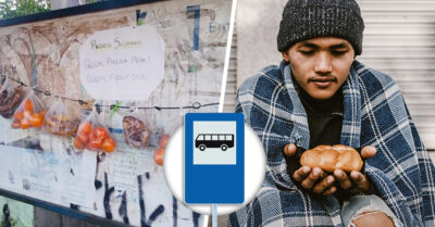 Vecinos dejan fruta y pan en una parada de autobús para los más necesitados