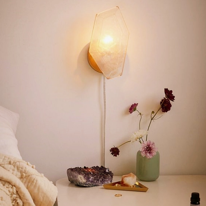 home decorations, bedroom, room, room, living room, lamps, furniture, candles, decorations with pink quartz and crystals