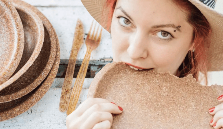 chica mordiendo un plato; ¡Olvídate de lavar los platos! Crean cubiertos y platos que puedes comerte al terminar de usarlos 