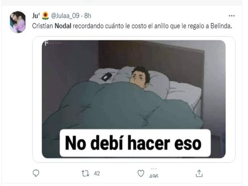 Meme chico en la cama ;Belinda y Nodal podrían haber dado fin a su relación y se desatan lo memes en redes