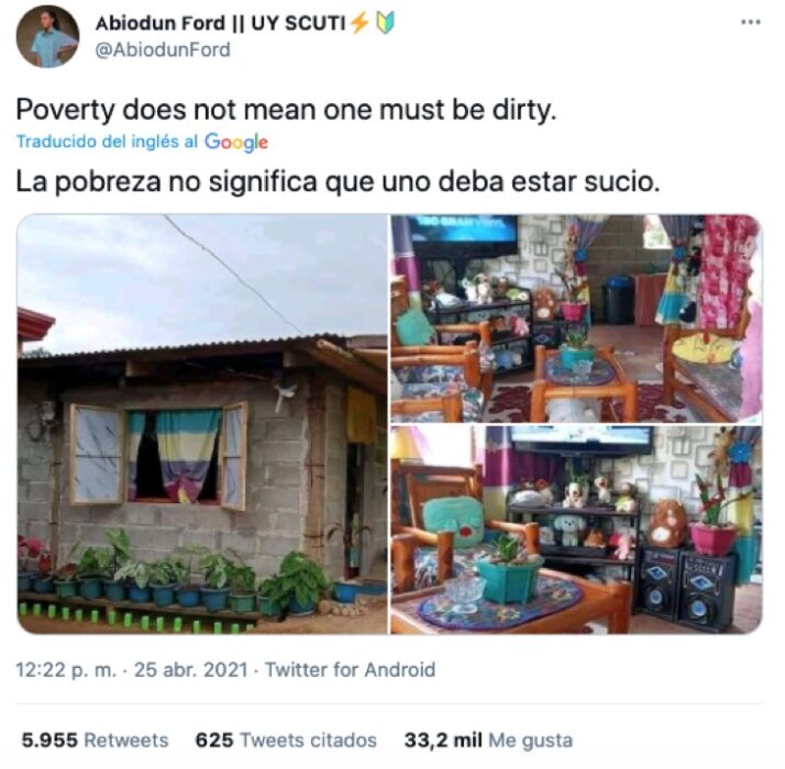 Publicación en Twitter de chica que muestra su hogar humilde 