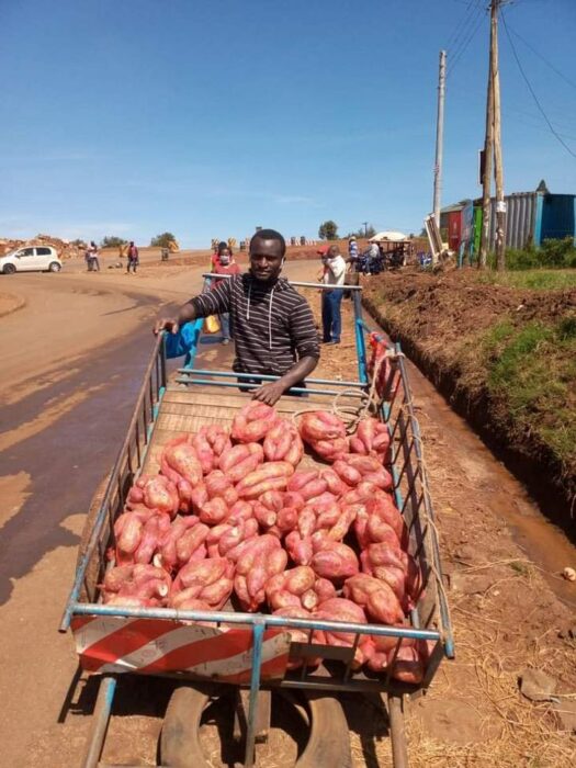 Joven vendiendo frutas en un carrito 