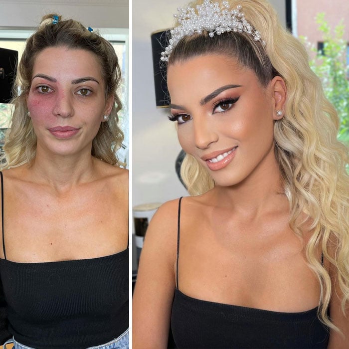 chica con tiara ;Mujeres antes y después de ser maquilladas para su boda
