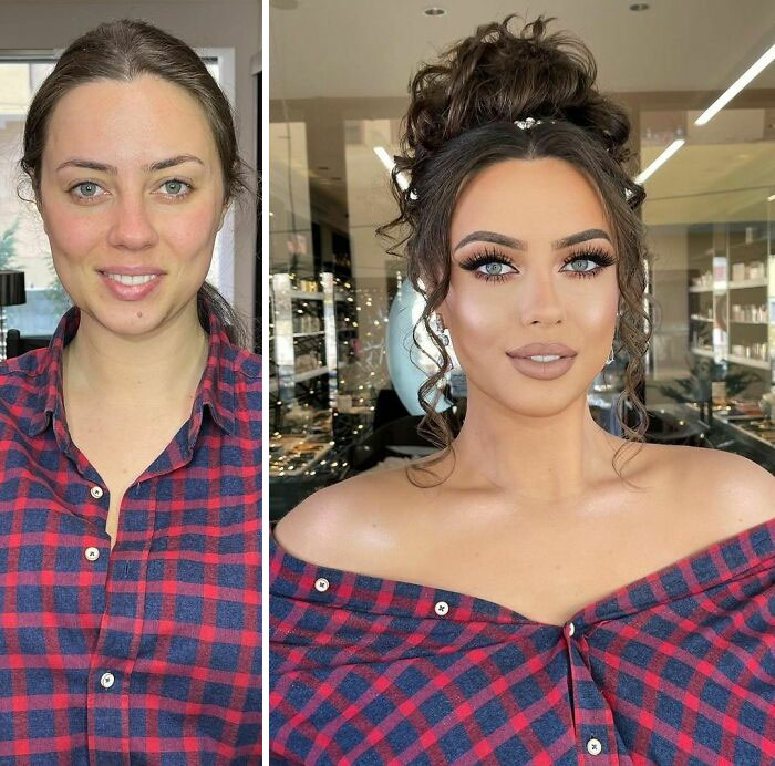 chica con camisa a cuadros rojos y azules ;Mujeres antes y después de ser maquilladas para su boda