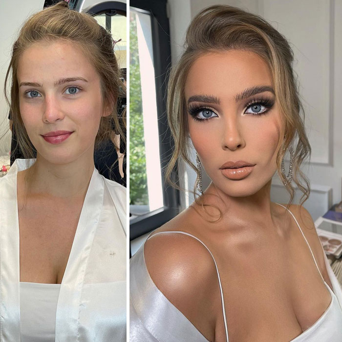 chica con blusa a tirantes ;Mujeres antes y después de ser maquilladas para su boda