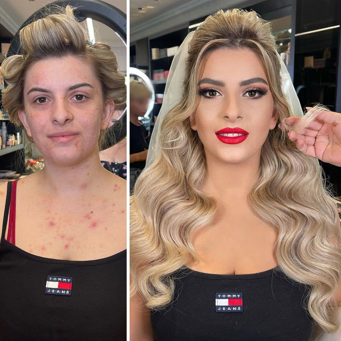 chica con camisa a tirantes negra ;Mujeres antes y después de ser maquilladas para su boda