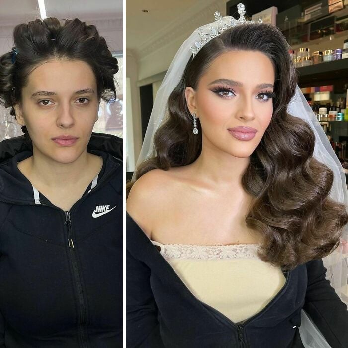 chica usando blusa a tono hueso ;Mujeres antes y después de ser maquilladas para su boda
