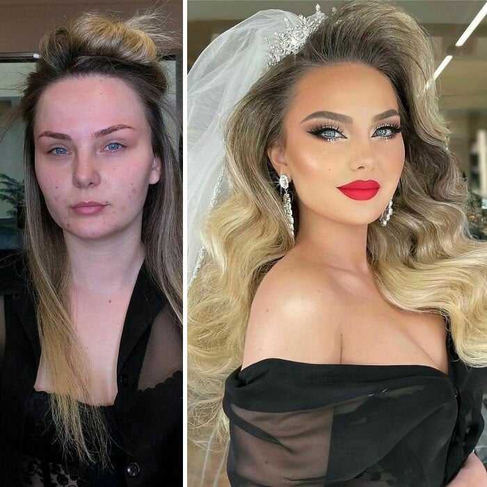chica con camisa en tono negro de seda ;Mujeres antes y después de ser maquilladas para su boda