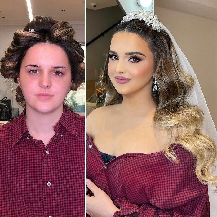 Chica con blus a botones en tono vino ;Mujeres antes y después de ser maquilladas para su boda